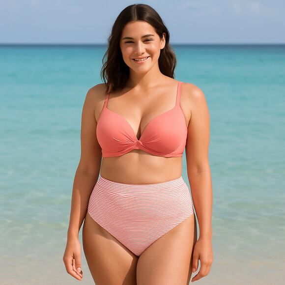 NWT Soma Swim Women's Sz XL Shell Pink Twist Seersucker Stripe High Waist Bottom - Picture 1 of 5